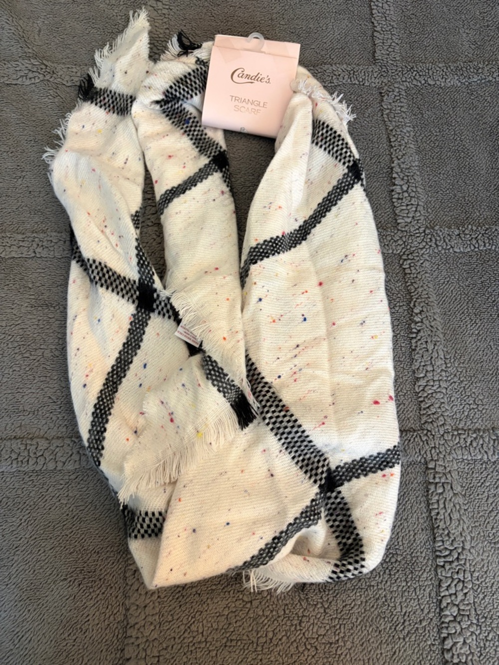 Candie's Cream and Black Triangle Scarf with Speckled Accent